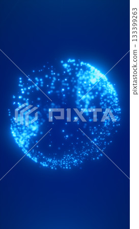 A glowing blue sphere of particles floating in space, with a soft radiance creating a cosmic, digital effect 133399263