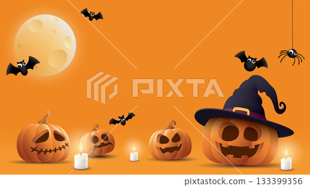 Halloween decoration theme orange background with 3D pumpkin Jack-O'-Lantern wearing witch Hat, bats, moon, candle and spider graphic illustration have blank space. Halloween decoration theme orange background with 3D pumpkin Jack-O'-Lantern wearing witch Hat, bats, moon, candle and spider graphic illustration have blank space. 133399356