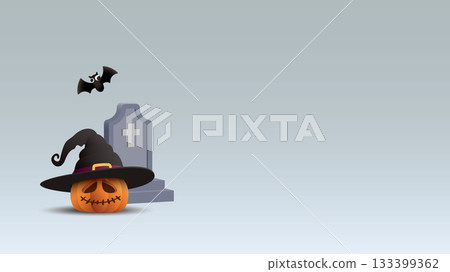 Minimalist, Halloween light gray background with 3D pumpkin Jack-O'-Lantern, bat and gravestone graphic illustration have blank space. 133399362