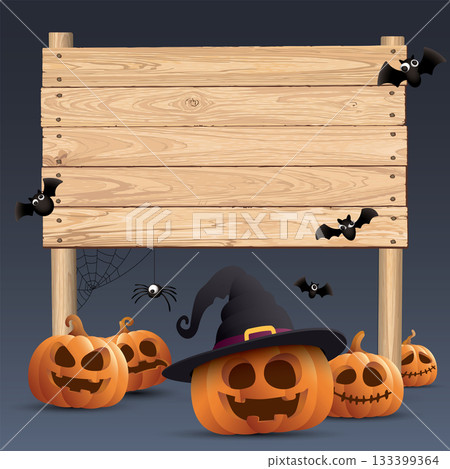 Blank wooden signboard posts with 3D pumpkin Jack-O'-Lantern, bat and spider Halloween theme on dark square background graphic illustration. 133399364