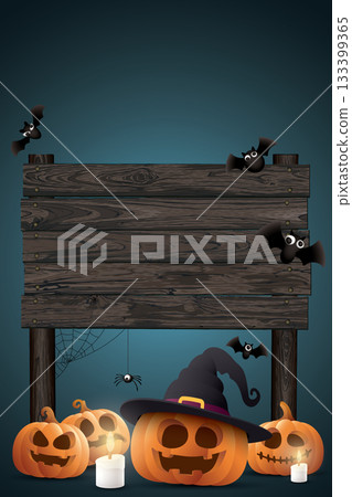 Wooden signboard posts with 3D pumpkin Jack-O'-Lantern, bat candle, and spider Halloween night vertical background graphic illustration have blank space. 133399365