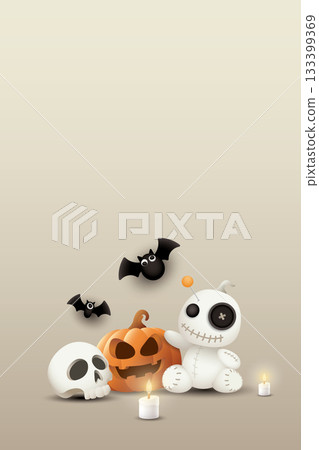 3D cute Voodoo doll, pumpkin Jack-O'-Lantern, skull, candle and bats for Halloween theme brown vertical background graphic illustration have blank space. 3D cute Voodoo doll, pumpkin Jack-O'-Lantern, skull, candle and bats for Halloween theme brown vertical background graphic illustration have blank space. 133399369