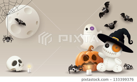 3D cute Halloween elements with light brown background graphic illustration have blank space. 133399376