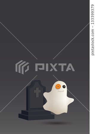 Minimalist 3D cute ghost and gravestone decorated in Halloween night vertical background graphic illustration have blank space. 133399379