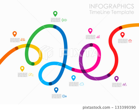 Colorful winding timeline infographic with icons and text boxes for process visualization, planning, or presentation use. Vector. Colorful winding timeline infographic with icons and text boxes for process visualization, planning, or presentation use. Vector. 133399390