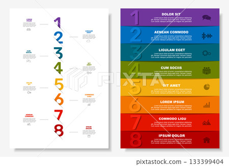 Infographic layouts with numbered steps, icons, and placeholder text for business, planning, or presentation purposes. Vector. Infographic layouts with numbered steps, icons, and placeholder text for business, planning, or presentation purposes. Vector. 133399404