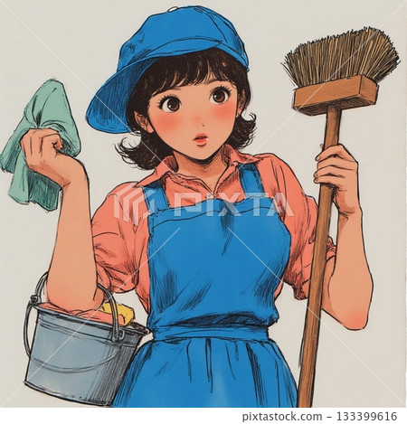 A woman in an apron holding a brush and a bucket 133399616