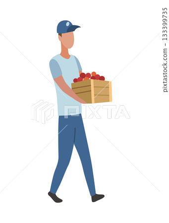 A pixel art illustration of a man carrying a basket of apples 133399735