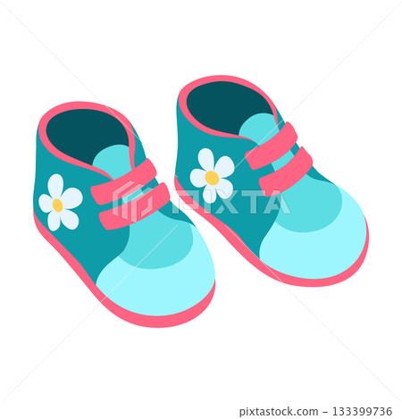 Bright footwear for little children, Cheerful colored shoes for infants with floral motifs, Cute turquoise baby sneakers decorated with flower patterns and Velcro 133399736