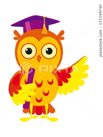 An owl, adorned with a graduation cap, proudly holds a diploma 133399740