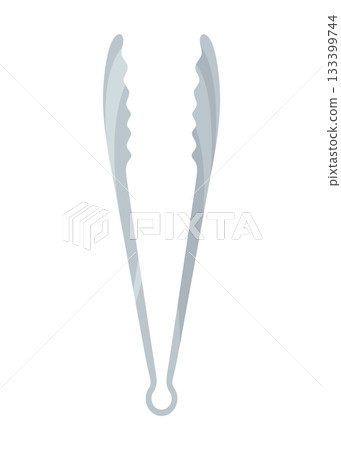 Stainless tongs ready for grilling, long metal arms with serrated tips, textured handle for secure grip, studio white background, lifestyle and product use context 133399744