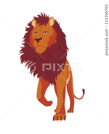 Proud powerful lion character. King of animal. Cartoon cute wild cat standing. Isolated vector Illustrations on a white background Proud powerful lion character. King of animal. Cartoon cute wild cat standing. Isolated vector Illustrations on a white background 133399765
