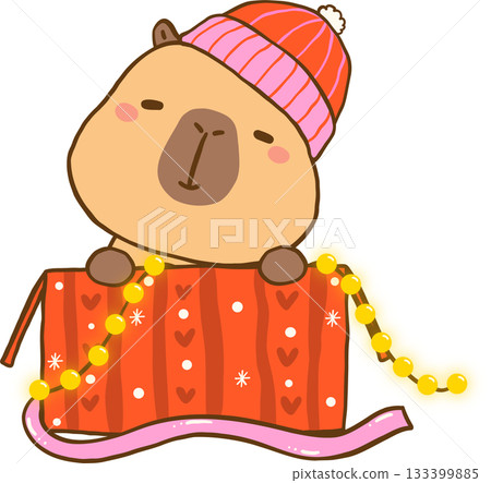 Kawaii Christmas Capybara with Striped Hat in Gift Box Cartoon Hand Drawn 133399885