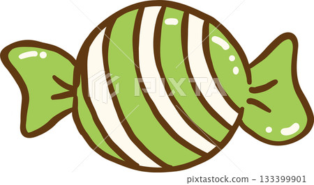 Hand Drawn of a Wrapped Green Striped Candy Cartoon 133399901