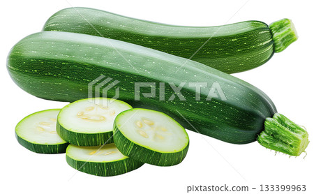 Fresh green zucchini with slice isolated on white background png transparent clipart. 133399963