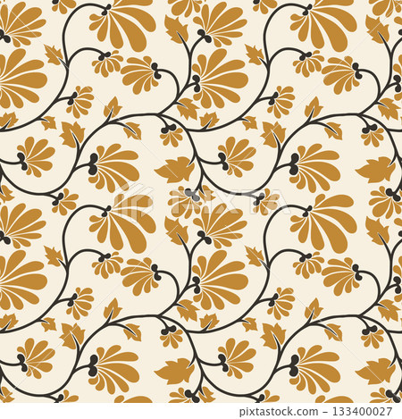 Abstract Flower Pattern Vector Seamless Wallpaper Design, Mustard Florals and Vines Traditional Motif for Bedding Textile Design, Gold and Beige Silhouettes of Trailing Garden Illustration 133400027