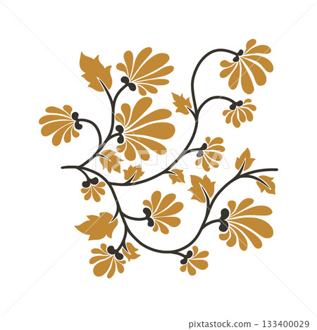 Mustard Floral Branches Abstract Composition Vector Isolated Element for Pattern Design, Simple Garden Foliage Illustration for Posters or Designs 133400029