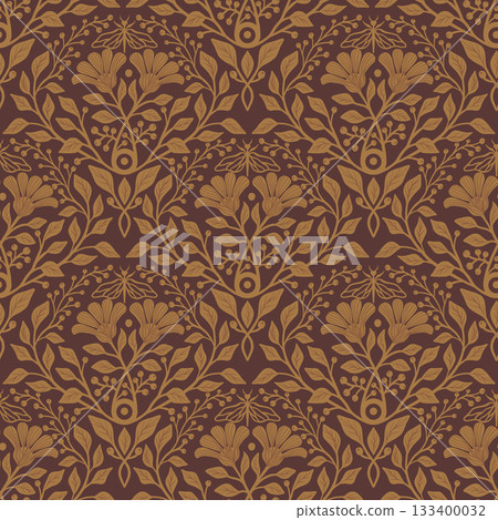 Brown Vintage Damask Vector Seamless Pattern, Fantasy Foliage Floral Garden for Italian Renaissance Textile Design, Ancient Art Nouveau Wallpaper Background, Retro Intricate Cultural Heritage Backdrop 133400032