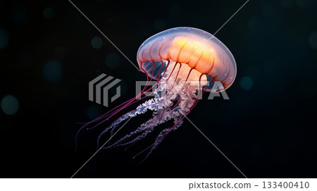 Vibrant jellyfish gliding gracefully through the dark ocean waters 133400410