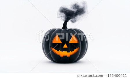 Halloween pumpkin with spooky smoke and glowing face on a white background Halloween pumpkin with spooky smoke and glowing face on a white background 133400411