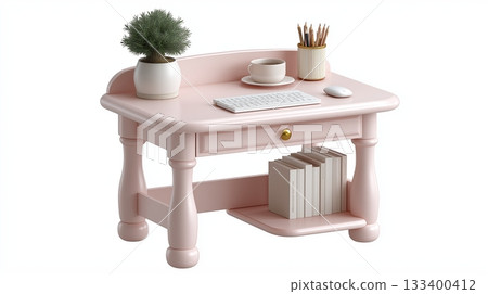 Stylish pink desk with office supplies and decorative plant for home workspace 133400412