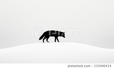 Black fox walking on white snowy landscape during winter morning 133400414