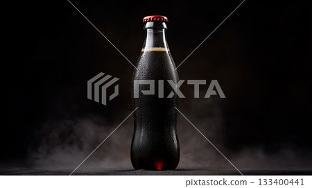 Chilled carbonated beverage bottle with condensation against dark background Chilled carbonated beverage bottle with condensation against dark background 133400441