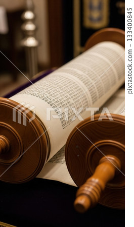 A close-up of an open Torah scroll, showing the sacred Hebrew text on parchment. The scene represents Jewish faith, tradition, and the study of holy scripture in a synagogue. 133400845
