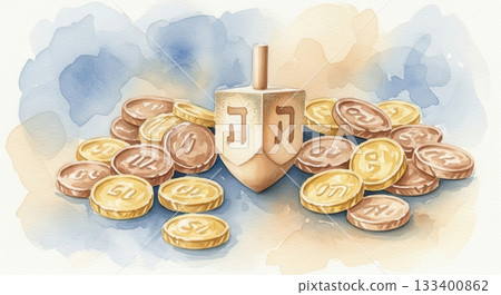 A hand-painted watercolor illustration of a dreidel with Hebrew letters surrounded by chocolate coins (gelt). A traditional symbol of the Jewish Hanukkah game. Perfect for festive holiday cards. 133400862