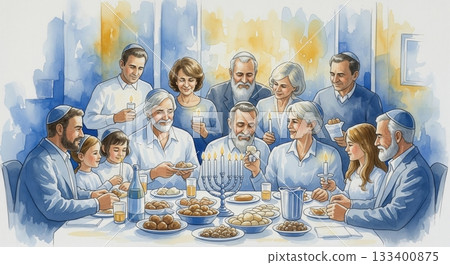A beautiful watercolor illustration of a large Jewish family celebrating Hanukkah. The scene is warm and joyous, perfect for holiday greetings, cultural articles, or family themes. 133400875