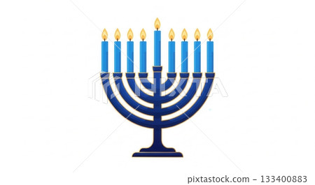 A blue and gold Hanukkah menorah with nine lit candles on a white background. This image evokes tradition and celebration for the Festival of Lights. Ideal for holiday greetings. 133400883