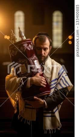 A bearded Jewish man in a tallit and kippah tenderly embraces a sacred Torah scroll in a synagogue. The warm light creates a reverent, spiritual mood. Perfect for themes of Judaism, faith, and 133400885