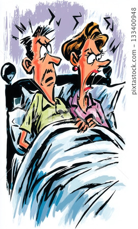 A humorous cartoon of a stressed couple in bed, wide awake and annoyed. The scene depicts marital conflict, insomnia, or disagreement. For articles on relationships or sleep problems. A humorous cartoon of a stressed couple in bed, wide awake and annoyed. The scene depicts marital conflict, insomnia, or disagreement. For articles on relationships or sleep problems. 133400948