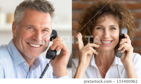 Collage of a happy mature man and woman talking on landline phones. The mood is friendly and positive, illustrating connection. Ideal for customer service or communication concepts. 133400962