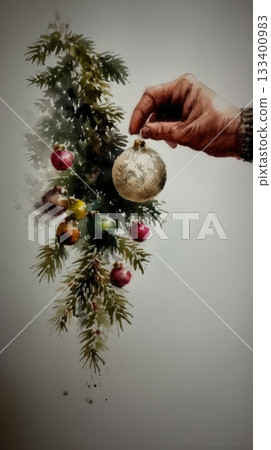 A watercolor illustration of a hand hanging a decorative ball on a festive evergreen branch. This artistic scene evokes a warm, nostalgic feeling, ideal for Christmas cards or holiday posts. A watercolor illustration of a hand hanging a decorative ball on a festive evergreen branch. This artistic scene evokes a warm, nostalgic feeling, ideal for Christmas cards or holiday posts. 133400983