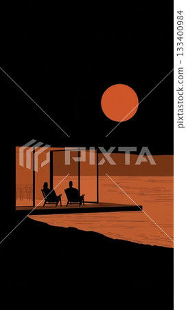 Silhouettes of a couple relaxing on a deck of a modern house, watching a large orange moon over the water. A calm, romantic, and minimalist scene for illustrating relaxation or relationships. 133400984