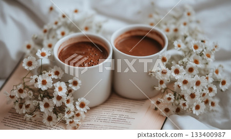 Two white mugs of hot chocolate on a book with chamomile flowers. A cozy, gentle, and romantic morning scene. Ideal for lifestyle blogs, book lovers, or seasonal greetings. 133400987