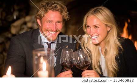 A happy, smiling couple enjoys a romantic candlelight dinner, toasting with red wine. This intimate scene evokes love and celebration. Perfect for fine dining or lifestyle concepts. 133400988