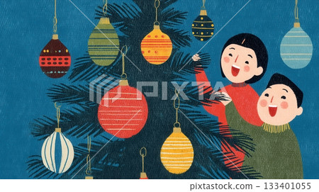 Illustration of two happy children decorating a Christmas tree with colorful ornaments. The mood is joyful and festive, perfect for holiday cards, banners, or seasonal designs. Illustration of two happy children decorating a Christmas tree with colorful ornaments. The mood is joyful and festive, perfect for holiday cards, banners, or seasonal designs. 133401055