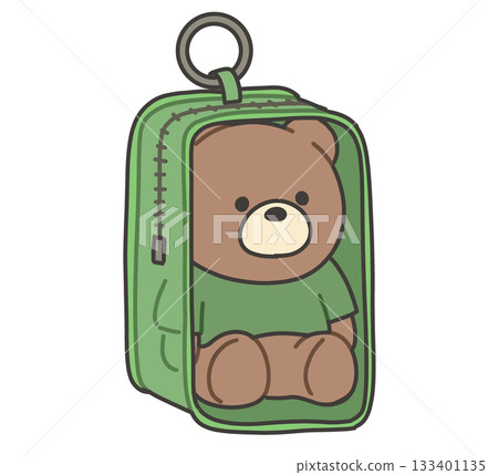 Illustration of a teddy bear wearing a green T-shirt in a green transparent pouch 133401135