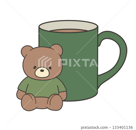 Illustration of a teddy bear wearing a green mug and a green T-shirt 133401136