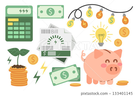 Saving energy and money. Saving bills. Set of money-related icons. Utility bills, piggy bank, calculator. Flat style illustrations. Saving energy and money. Saving bills. Set of money-related icons. Utility bills, piggy bank, calculator. Flat style illustrations. 133401145