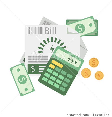 Electricity cost analysis with bills and calculator. Illustration of utility bills with a calculator and payment details. Flat style. Electricity cost analysis with bills and calculator. Illustration of utility bills with a calculator and payment details. Flat style. 133401153
