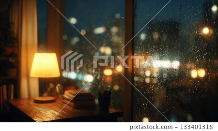 A quiet night with a reading desk and lamp, the city lights blurring through the raindrops on the window 133401318