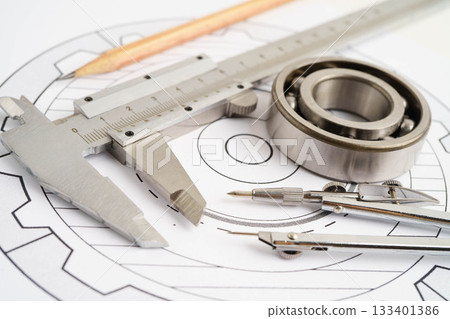 Engineering and precision tools with metal ball bering, mechanical industrial. Engineering and precision tools with metal ball bering, mechanical industrial. 133401386