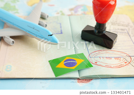Brazil passport with approved stamp on document for tourism to immigration at airport in country. 133401471
