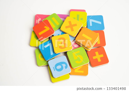 Number wood block cubes for learning Mathematic, education math concept. 133401498