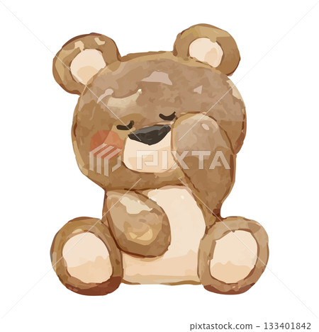 A fluffy bear day | A watercolor teddy bear rubbing its eyes sleepily 133401842