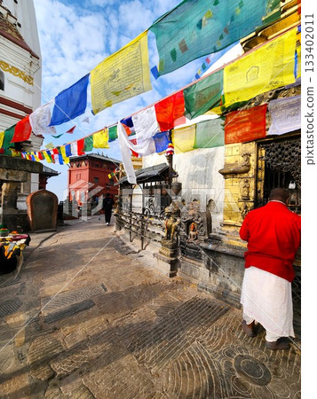 Prayer and Tarcho scene at Swayambhunath, Kathmandu, Nepal Prayer and Tarcho scene at Swayambhunath, Kathmandu, Nepal 133402011