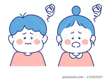 Children's facial expressions, illustrations, men and women, troubled poses 133402037